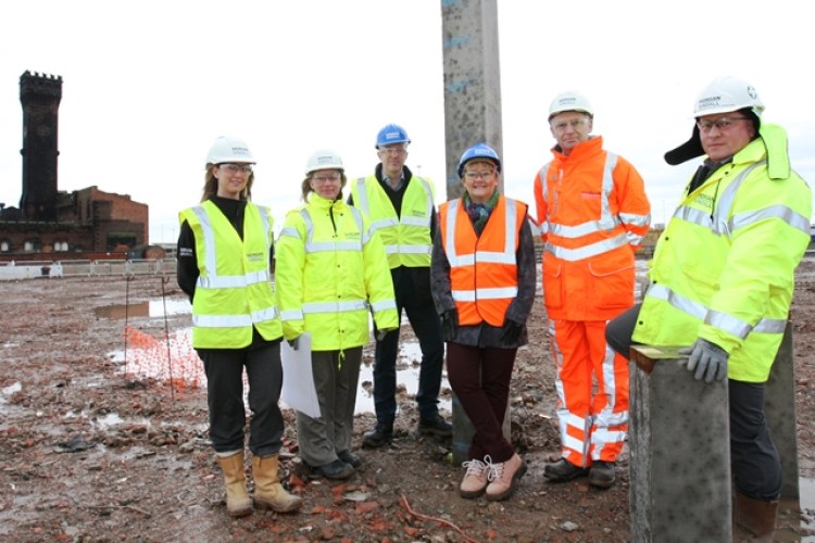 Left to right are Jane King, Gill Roberts, Richard Mawdsley of Peel, Sue Higginson of Wirral Met College, and Barry Roberts and Mark Harrison of Morgan Sindall on site at Wirral Waters