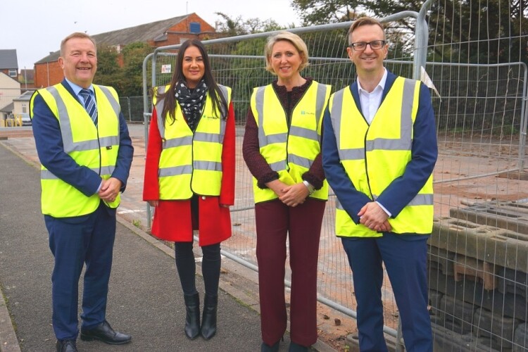 Pictured on site are Cannock Chase Council leader Tony Johnson, Exemplar Health Care  director Charlotte Lloyd, Deeley Group join MD Eleanor Deeley and council planning chief Dean Piper