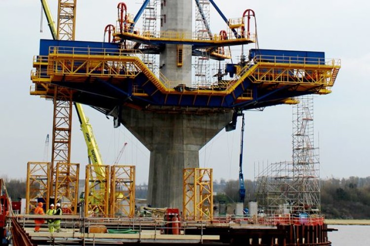 Travelling formwork machines in position at the south pylon in the Mersey Estuary