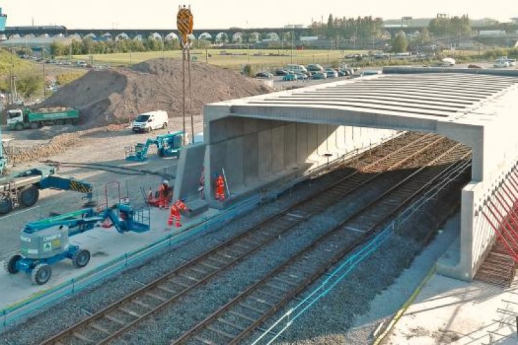 The precast structure carries the approach road to the new Mersey Bridge over a rail line