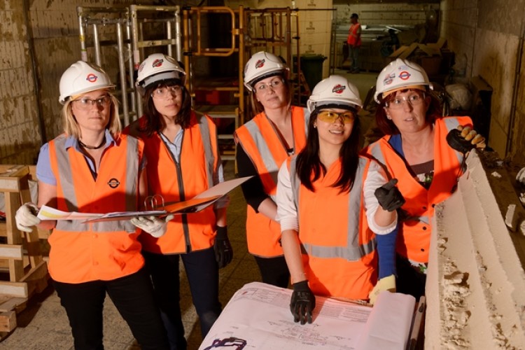 On the Vauxhall station project 35% of engineers from Bechtel and London Underground are women. Left to right are: Jackie Greene of LU, Steph Neath, Caroline Walker and Lani Tan of Bechtel, and Sharon Young of LU.