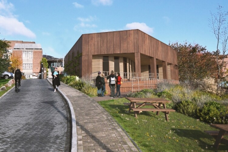 CGI of the University of Exeter's planned Multi-Faith Centre, as seen from Poole Gate Road