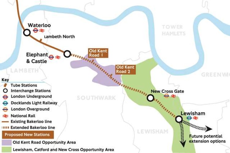 The proposed route of the southern extension of the Bakerloo line
