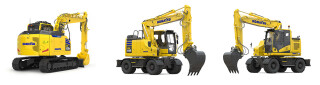Komatsu’s 13-tonne PC138E is an electric version of the PC138; the PW198 and PW 168 are both zero-tailswing models for narrow sites.