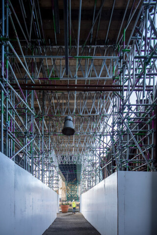 View through the birdcage scaffold beneath the Gateshead lower arch