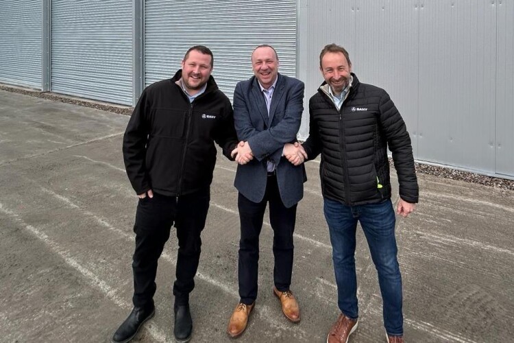 Sany UK&rsquo;s Jason Periam (left) and Leigh Harris (right) with Mark Kennedy, head of Ballyvesey&rsquo;s UK plant division 