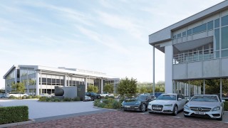 CGI of Skyway House (left), which is being built alongside the existing Stansted Centre 