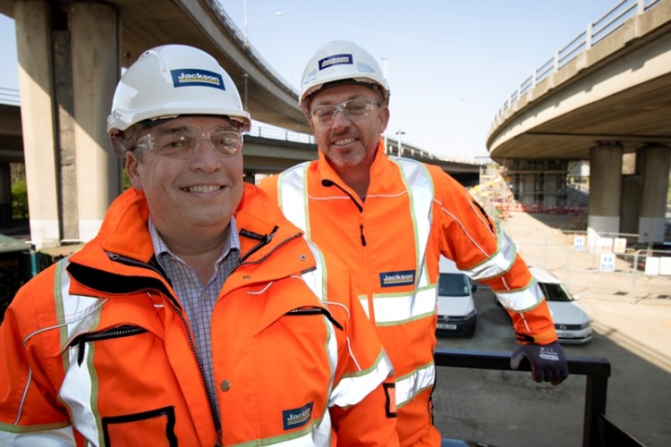 Highways director Paul Watson (left) and managing director Brian Crofton  on site at the Woodford Viaduct bearing replacement project in London