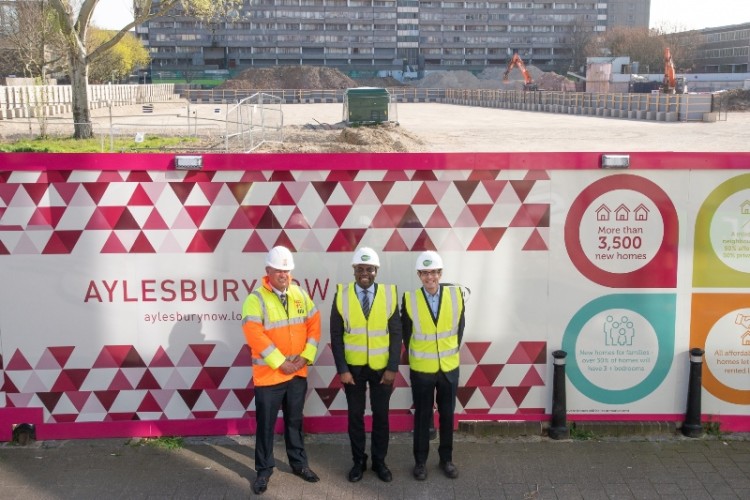 Hill regional director Cain Peters (left), Southwark councillor Johnson Situ and Notting Hill Genesis director Jeremy Stibbe visit the site