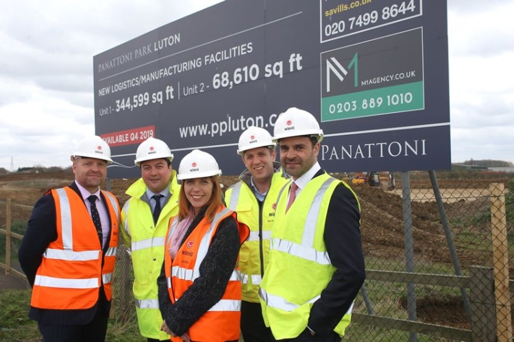 Posing for ground breaking are (left to right) Winvic director Danny Nelson, Panattoni director James Watson, Sue Glantz of Central Bedfordshire Council, Winvic operations manager Ben Shearman and Andy Hall of the M1 Agency