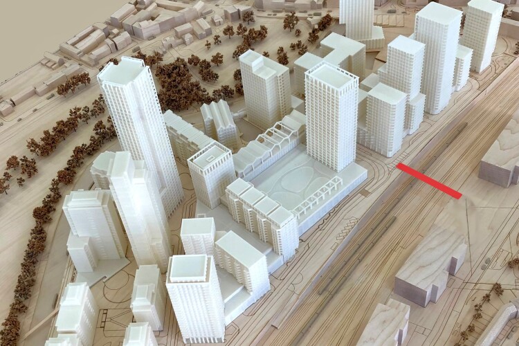 The red line indicates site of the bridge to the new development