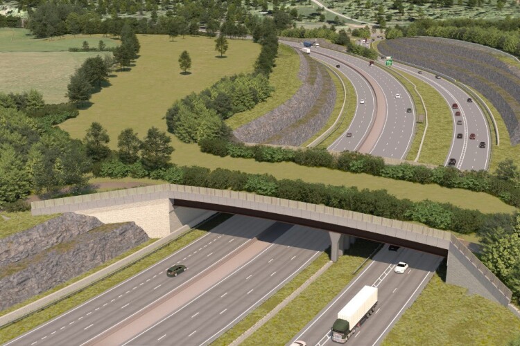 An artist’s impression of the scheme shows plans for a 37m-wide crossing, connecting habitats and allowing users of the Gloucestershire Way to cross the improved A417