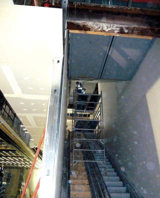 The offending scaffold tower erected on the escalator