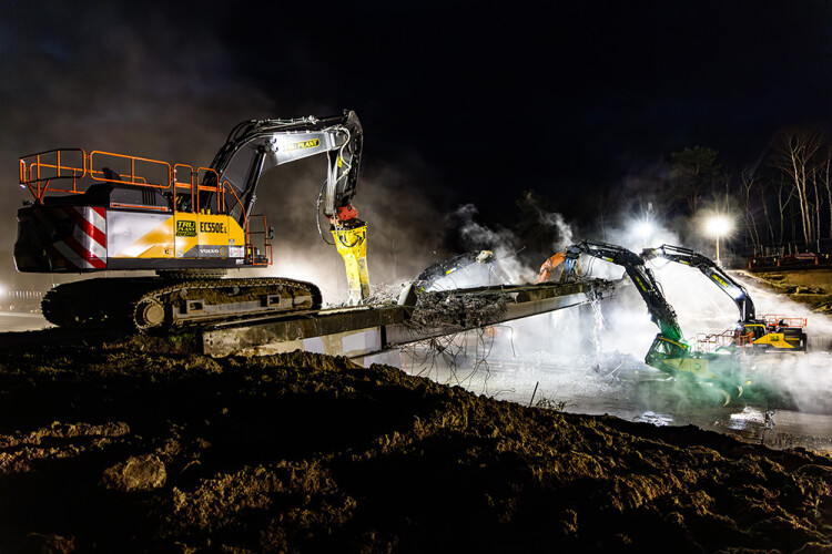 The demolition team worked in three 12-hours shifts to complete the job six hours ahead of schedule