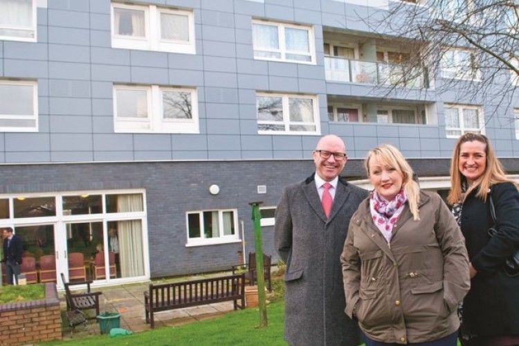 Housing minister Rebecca Evans (centre) visits Milton Court, one of the tower blocks with ACM cladding