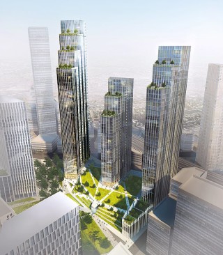 The three towers are designed by Skidmore, Owings & Merrill