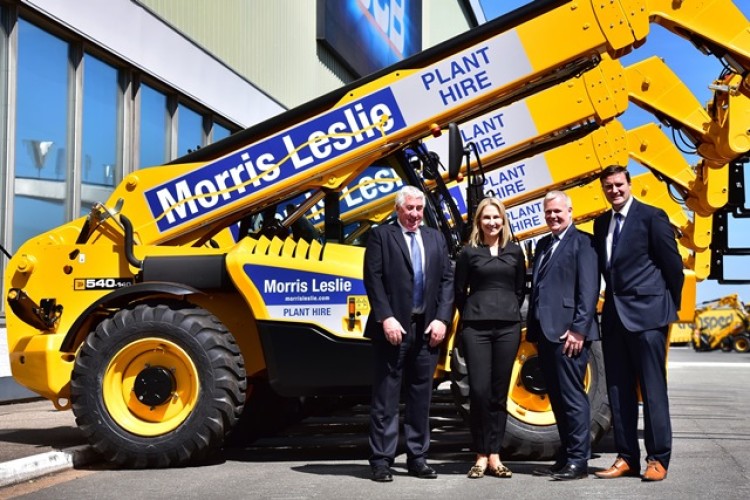 Left to right are Morris Leslie himself, JCB&rsquo;s Yvette Henshall-Bell, Morris Leslie Plant Hire managing director Graham Ogilvie and Scot JCB sales director David Park