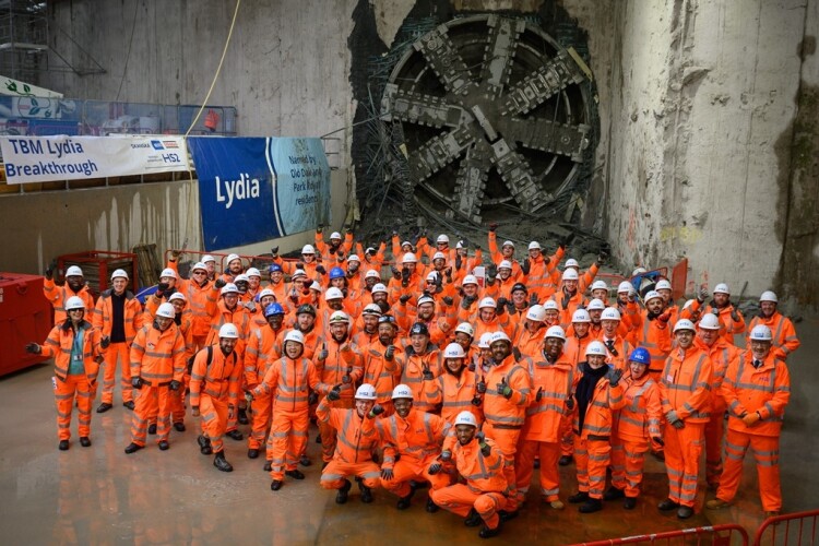 The team celebrates the arrival of TBM Lydia at Old Oak Common station