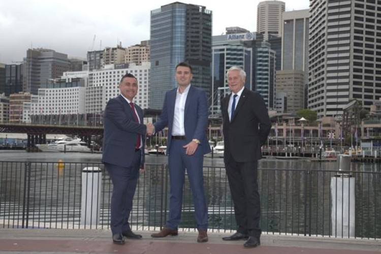 Left, John Barilaro (deputy premier and minister for regional NSW); middle, Elliot McLoughlin (managing director of Asia Pacific for ELLUC Projects; right &ndash; Geoff Provest (member for Tweed)