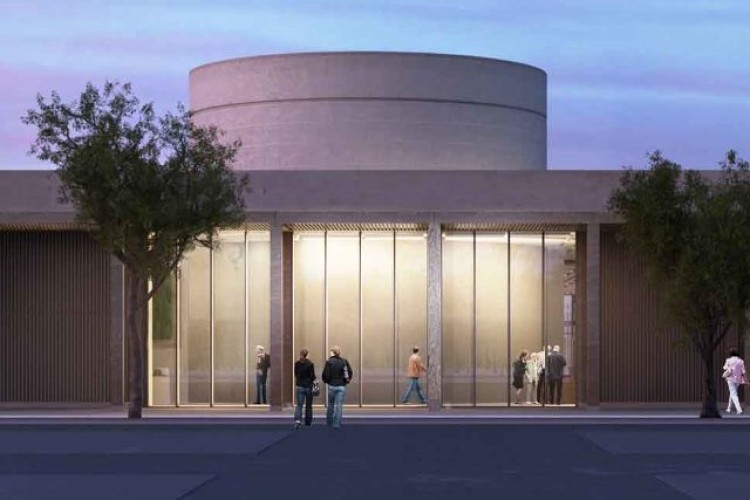 Artist&rsquo;s impression of the entrance to the new Remembrance Centre at dusk. [Image courtesy of Glenn Howells Architects.]