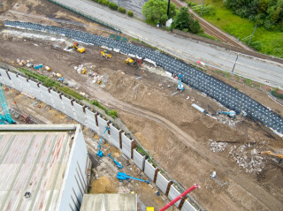 Aerial view of the Pallion upper soil nail and Pallion lower king post and anchor wall