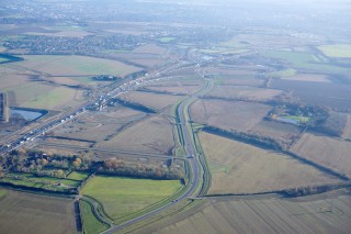The new A1307 (centre), Girton interchange link (top) and A14 (left) near Cambridge