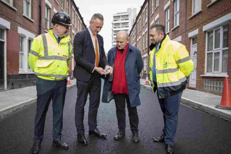 From left to right are Riney contracts director Michael McLoughlin, Tarmac product manager Roger Eke, Tower Hamlets mayor John Biggs and council highways Stephen Warway