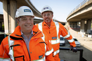 Highways director Paul Watson (left) and managing director Brian Crofton on site at the Woodford Viaduct bearing replacement project in London