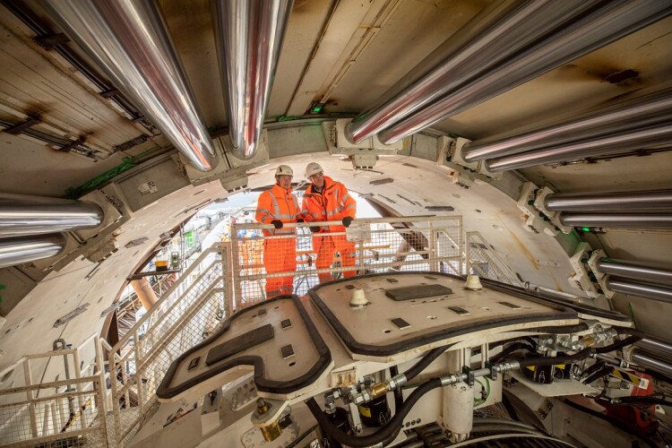 The tunnel boring machine was switched on by HS2&rsquo;s civils delivery director Mike Lyons, seen with SCS head of tunnelling Michael Greiner