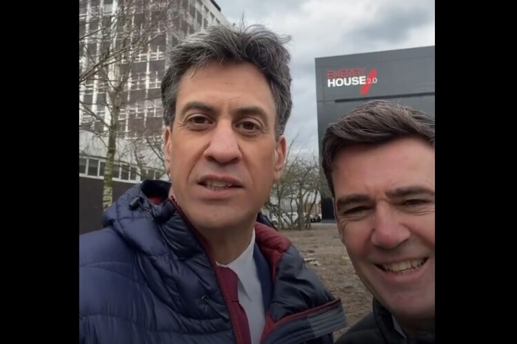 Ed Milliband (left) stops for a selfie in Salford with Greater Manchester mayor Andy Burnham