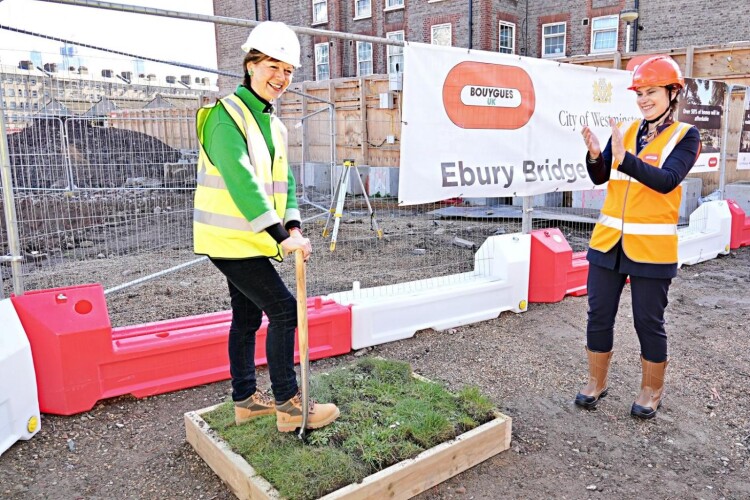 Westminster City Council leader Rachael Robathan is applauded for her spadework at the ground breaking ceremony by Bouygues chair Fabienne Viala