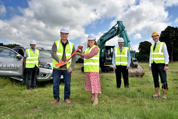 Pictured are local councillor Lee Carter and Marches LEP chair Mandy Thorn, supported by Morris site manager Lee Evason, Homes England development manager David Charmbury and Morris construction manager Steve Flavell 