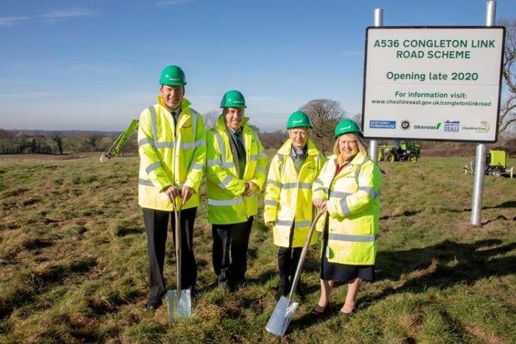 Cutting turf are (left to right) transport minister Jesse Norman MP, Graham MD Leo Martin, council leader Rachel Bailey and Congleton MP Fiona Bruce