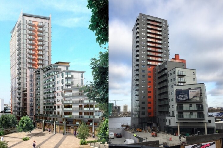 What Mast Quay Phase II was supposed to look like, according to the planning application (left) and what was actually built (right)