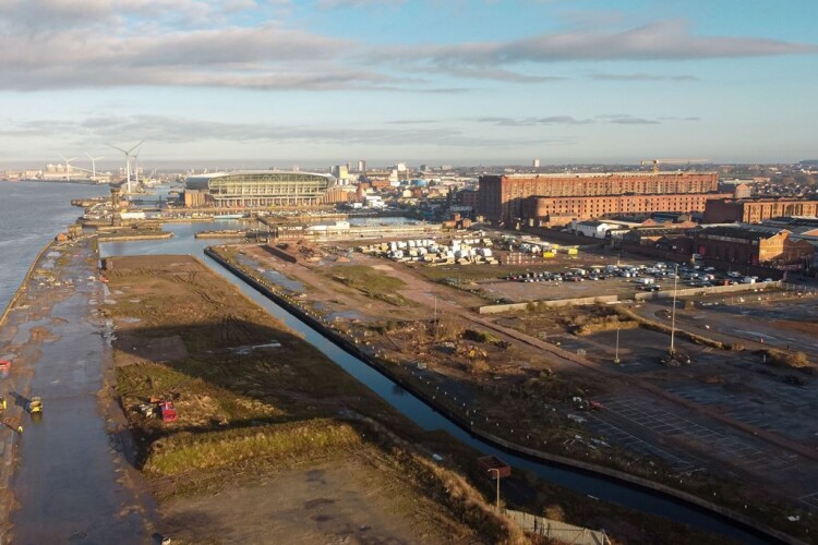 the derelict Central Docks site, with the new Everton FC stadium in the background [Photo courtesy of Peel Waters]