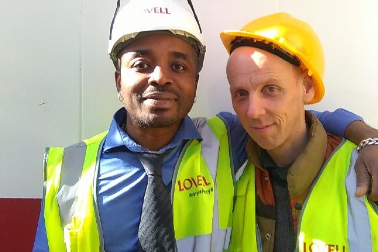 Lovell site manager Matthew Collins, left, and actor Ewen Bremner on site in Wester Hailes