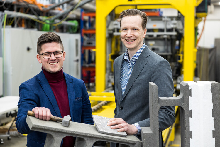 Carbonaide chief executive Tapio Vehmas (right) with chief operating office Jonne Hirvonen with samples of their ‘carbon-negative’ concrete products