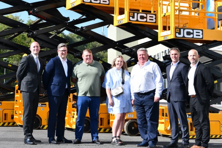 Pictured from left to right are: Edward Price (JCB Access); Mathew Crame (Greenshields JCB); Jamie, Chelsea and John Corcoran (Advanced Access Platforms); Joshua Burnett, (Greenshields JCB); and John Chandler (JCB Access)