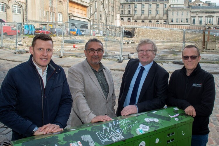 Left to right on site are Hub North Scotland chief executive Richard Park, joint council leaders Christian Allard and Ian Yuill, and Morrison Construction project director Colin Milne