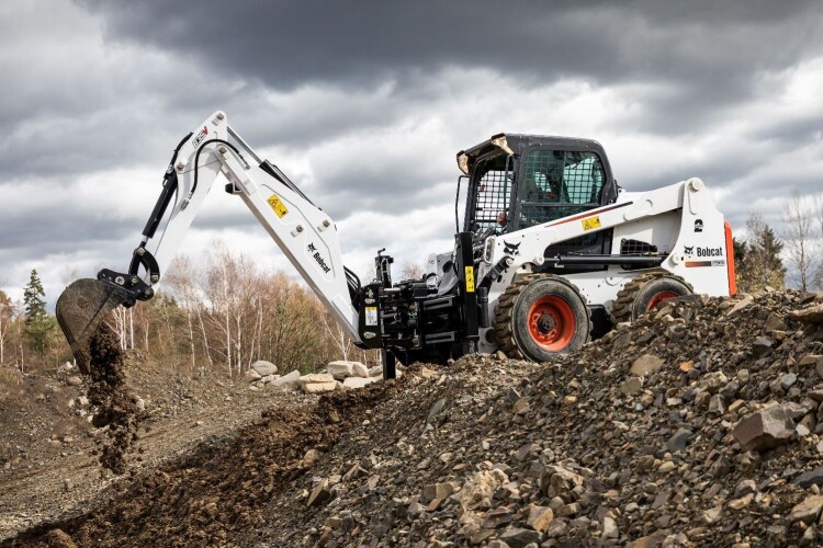 Bobcat skid-steer with the Versatile B35V backhoe attachment