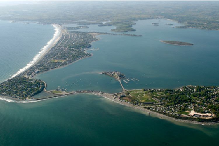 Aerial of Boston Harbor showing Nantasket Beach and Hull. The Outer Harbor Barrier would run from Winthrop to Hull. Image by Doc Searls
