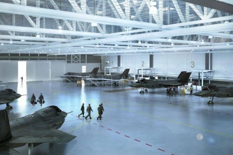 Inside the maintenance and finish Hangar, being developed at RAF Marham for the F-35 Lightning II jets