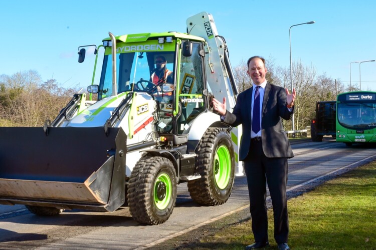 Transport minister Jesse Norman visited JCB in Rocester, Staffordshire yesterday and saw the hydrogen-powered  backhoe loader