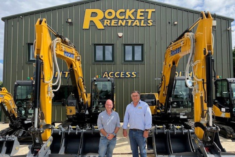 Rocket Rentals managing director Simon Tomblin (right) with Sany rep Reuben Stapells (left)