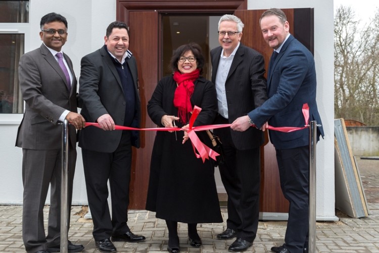 At BRE this week were, l to r, BRE China's  Jaya Skandamoorthy, Haitham Sabrah of Trillium, Ivonne Higuero, director general for housing at UNECE, Richard Beresford of Trillium and BRE director David Kelly