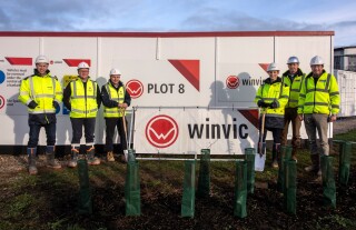 Celebrating ground breaking are (L to R) James Richards (Clowes), Jonathan Neill (Winvic), David Gilbert (Winvic), Hannah Bailey (Clowes), David Postins (Postins Project Services) and Terry Hill (Postins Project Services)