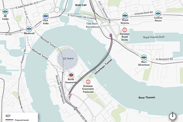 Terowongan jalan Silvertown melintasi Thames untuk menghubungkan Semenanjung Greenwich dengan Royal Docks