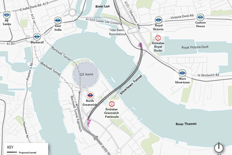 The Silvertown road tunnel crosses the Thames to link the Greenwich Peninsula with the Royal Docks