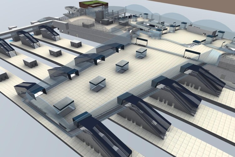 CGI of lifts and escalators Old Oak Common station in west London