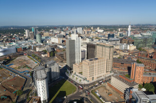 Aerial view showing Exchange Square 1 and a CGI of Exchange Square 2 behind